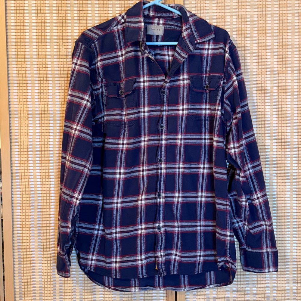 Jachs NY Mens Flannel Shirt LT‎ Large Tall Navy Red Plaid Cotton Button Down